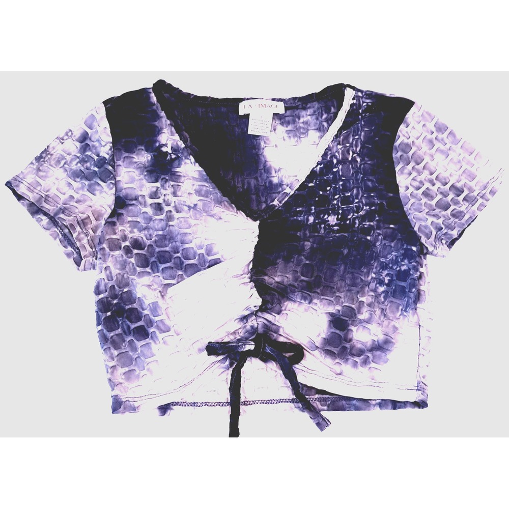 LA Image Crop Top Women's S Tie Dye Black White Bow Textured Stretch Whimsigoth